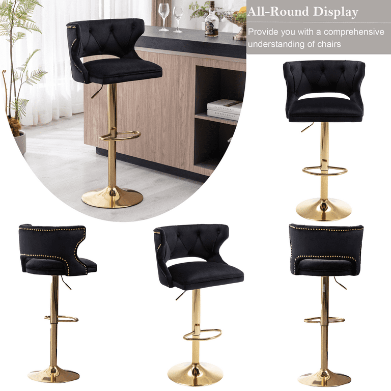 26 35 Inch Bar Stools Counter Height Adjustable Swivel Barstools High Bar Chairs with Back Golden Metal Base Stools Chair with Footrest for Home