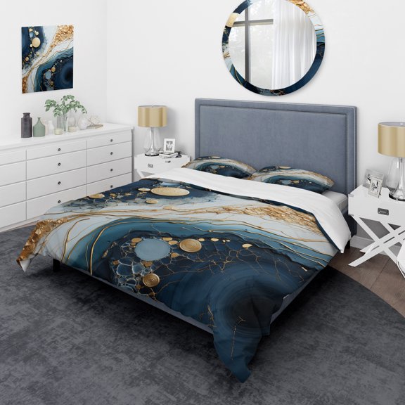 Designart "Marble River in Blue and Gold I" Abstract Liquid ink Bedding Covert Set - Abstract Gold Modern Bed Set With 2 Shams