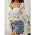 thumbnail image 1 of Women Hollow Out Crop Tops  Bell Sleeve Solid Color Crochet T-Shirts, 1 of 10