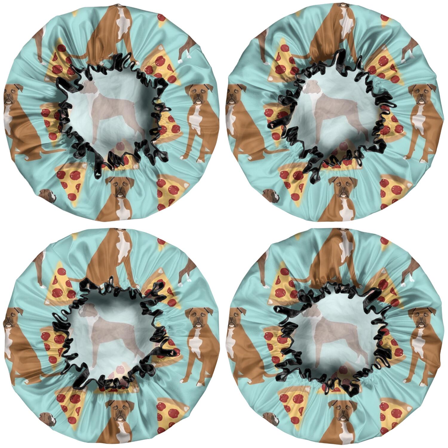 Shower Caps,Boxer Dog Pitbull Terriers Dog and Pizza Waterproof Shower Cap for Women 4 Pieces,Double Reusable Hair Cover for Shower PEVA Elastic Stretch Hem