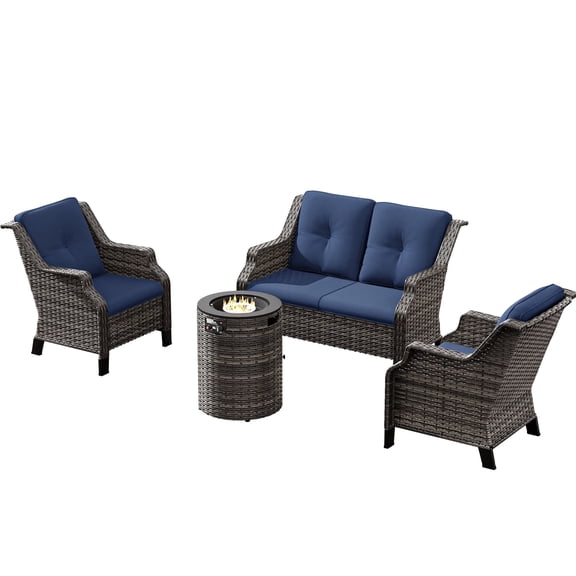Meetleisure Outdoor Wicker Furniture Sets of 2 Patio Rattan Dining Armchairs with 1 Loveseat & 1 Round Cane Fire Pit Table with Grey Rattan, Blue