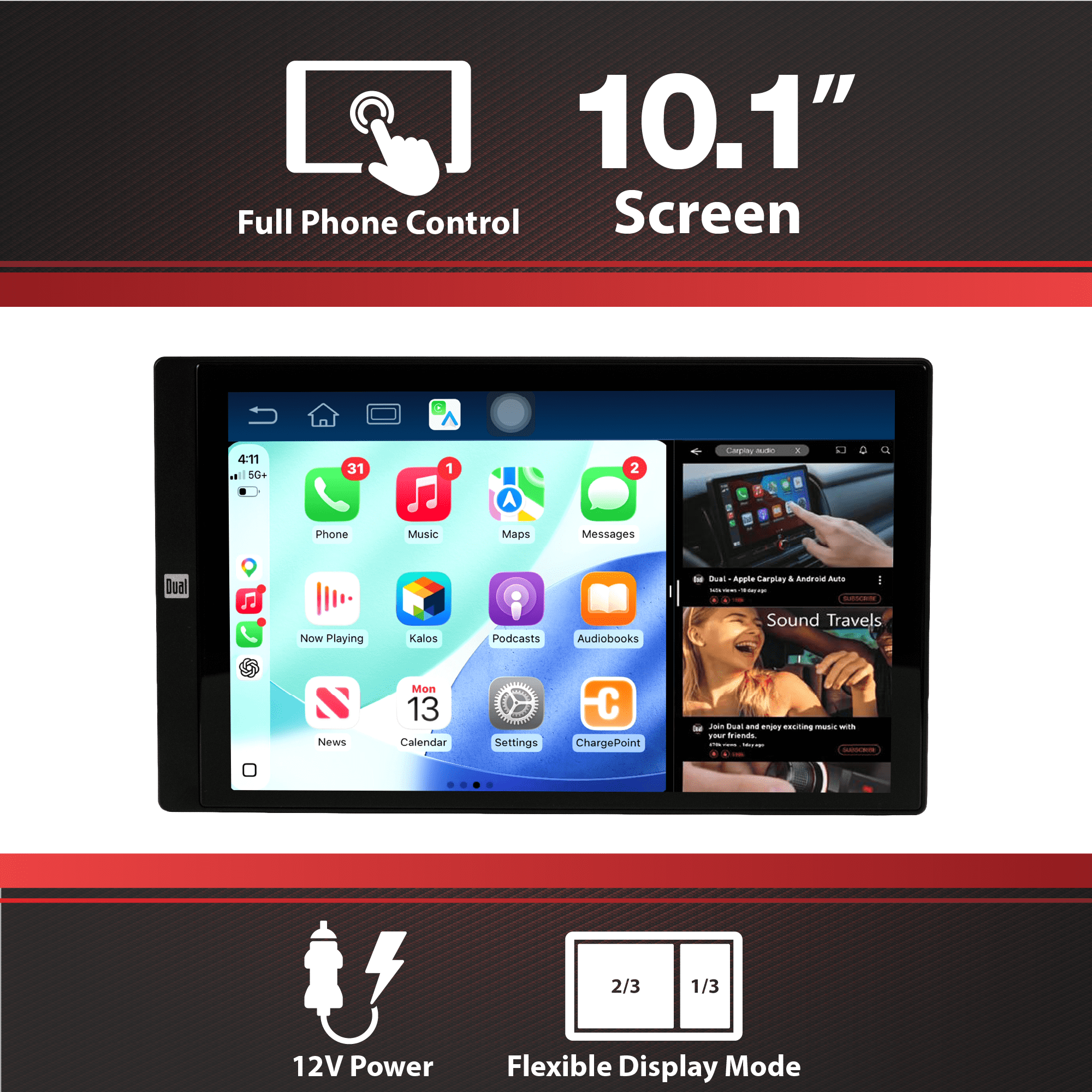 Dual Electronics 10.1 Inch Touchscreen Dash Mount Car Stereo