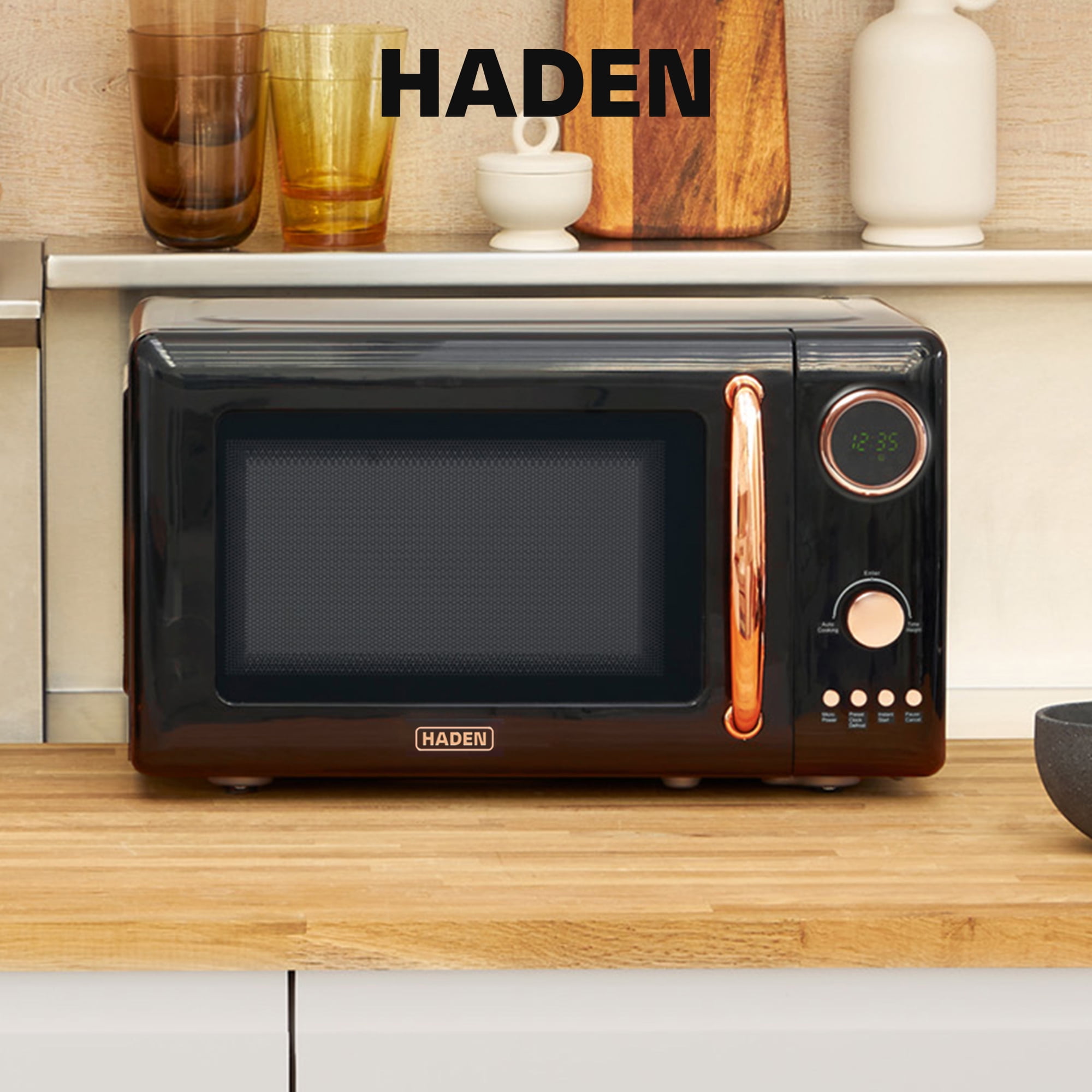 Haden 700W 0.7 Cubic Foot Microwave Oven w/ Digital Controls, Black/Copper