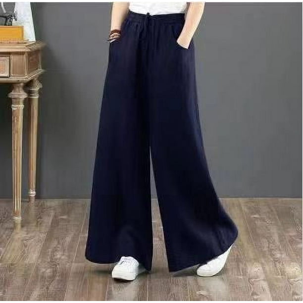 Pantalones de mujer de algodón y lino artísticos de primavera y verano Pantalones holgados de pierna ancha de talla grande Pantalones de cintura alta Pantalones rectos Pantalones de lino
