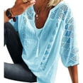 thumbnail image 2 of Fusipu Women Casual Blouse Top U Neck 3/4 Sleeve Hollow out Lace Drawstring T-shirt, 2 of 8