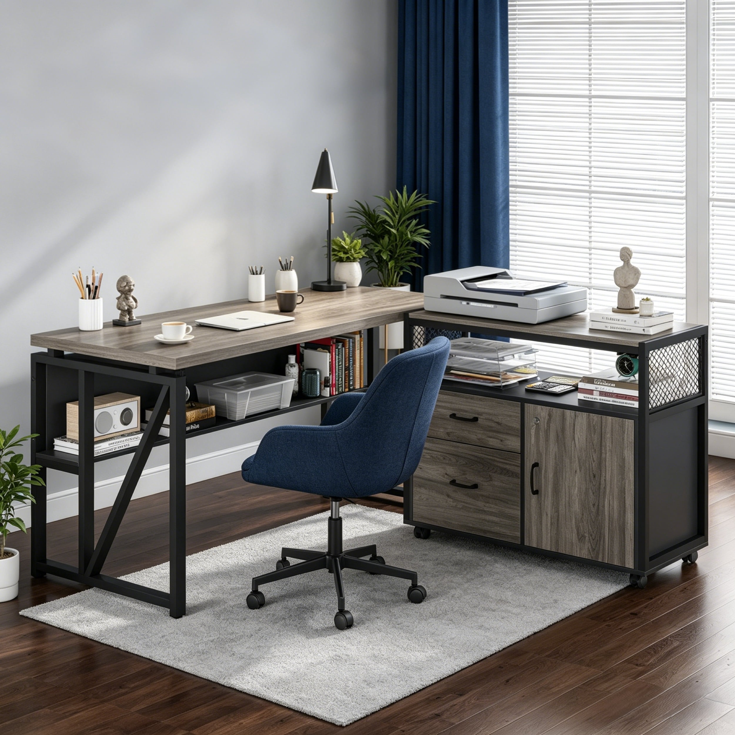 Fnova 55" Industrial Desk, 2-Piece Executive Desk Computer Desk Writing Desk with Rolling Filing Cabinet Set with Lockable Storage, Drawers for Home Office