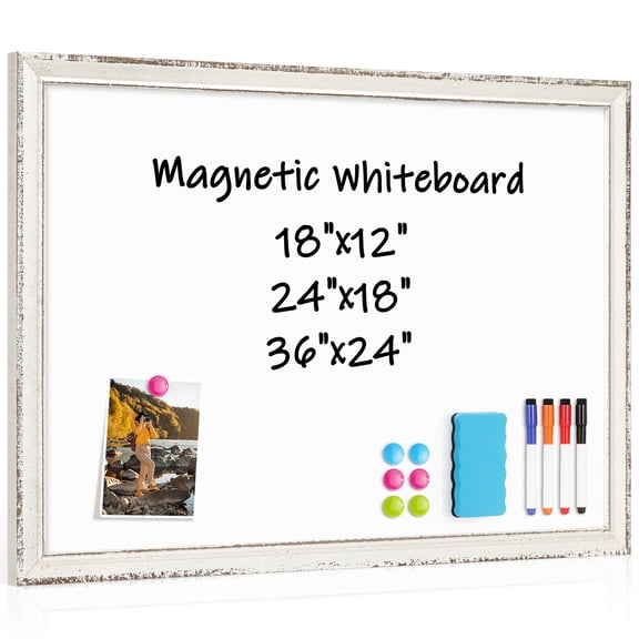 DOLLAR BOSS Dry Erase Board 18"x12" Magnetic Whiteboard for Wall White Board with Retro Design White Wooden Frame Wall Mounted Whiteboard for Kitchen Decor Office, Home, School