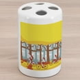 thumbnail image 1 of Bike Ceramic Toothbrush Holder, Cartoon Graphic of People Riding Bicycles in Abstract Woodland Illustration, Decorative Versatile Countertop for Bathroom, 4.5" X 2.7", Yellow and Multicolor, 1 of 4
