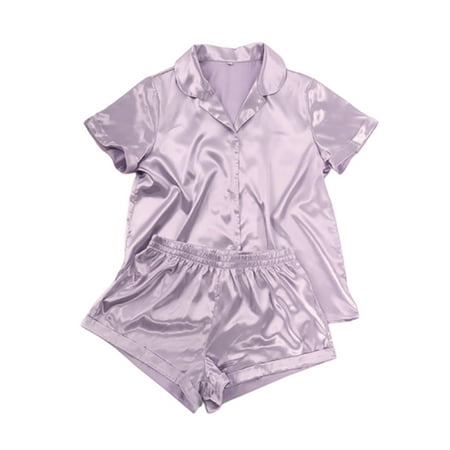 

Women Pajama Set Short Sleeve Button Closure Shirt with Shorts Solid Daily Sleepwear Loungewear