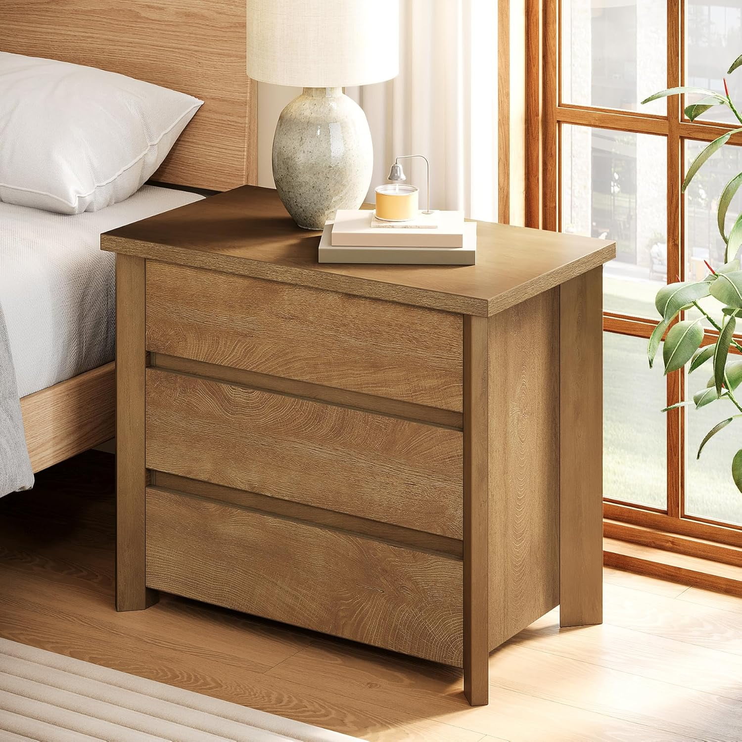 Tribesigns Wood Nightstand with 3 Drawers, Farmhouse Large Bedside Table with Storage for Bedroom, Living Room (Rustic Brown, 2pcs)