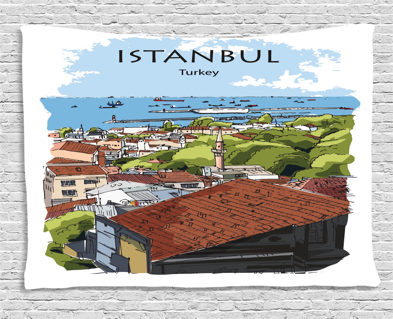 Istanbul Tapestry, Aerial View of Sea Marmara Harbor from the Neighborhood Coast Retro Sketch 