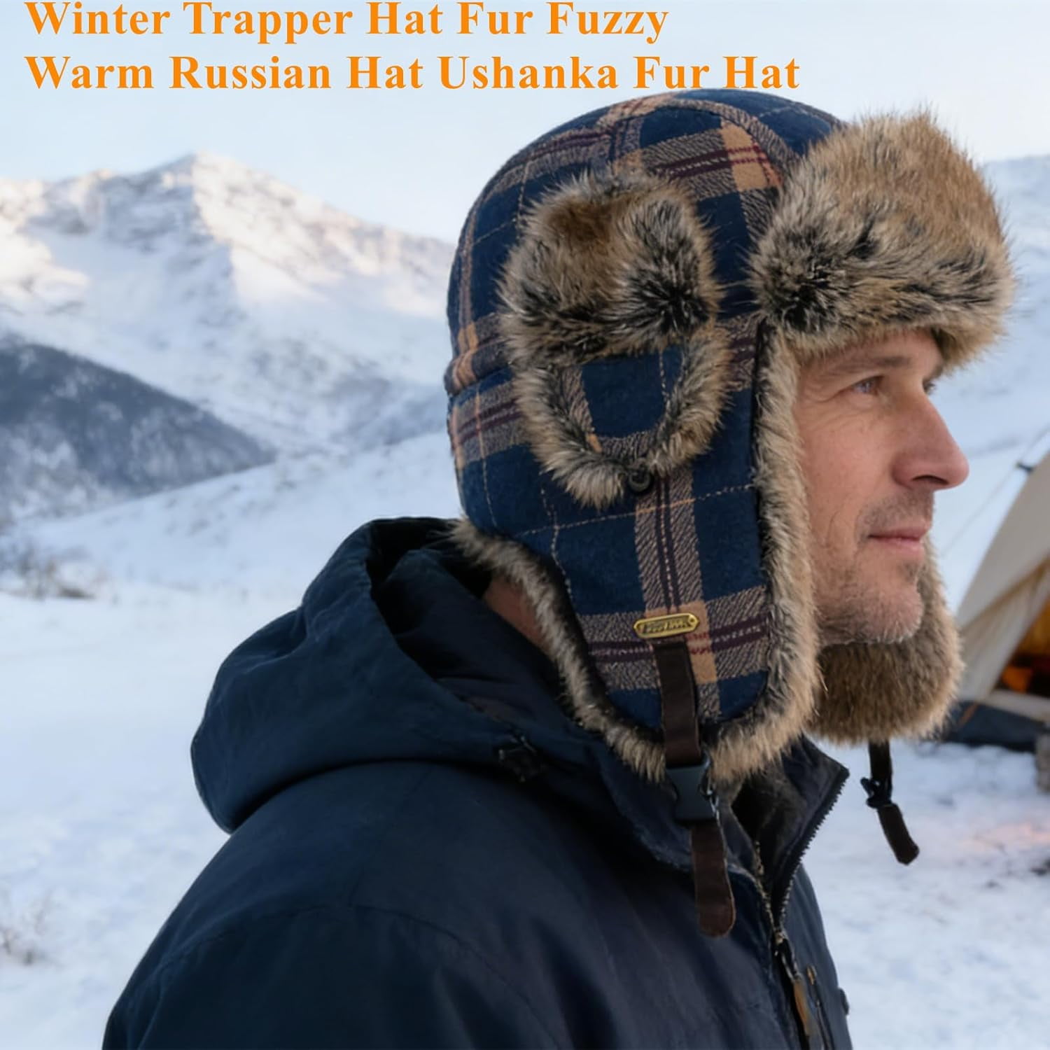 Winter Trapper Hat with Ear Flaps Plaid Russian Ushanka Aviator Hat Faux Fur Hunting Hats for Men Women(Plaid Ski Hat,L/XL)