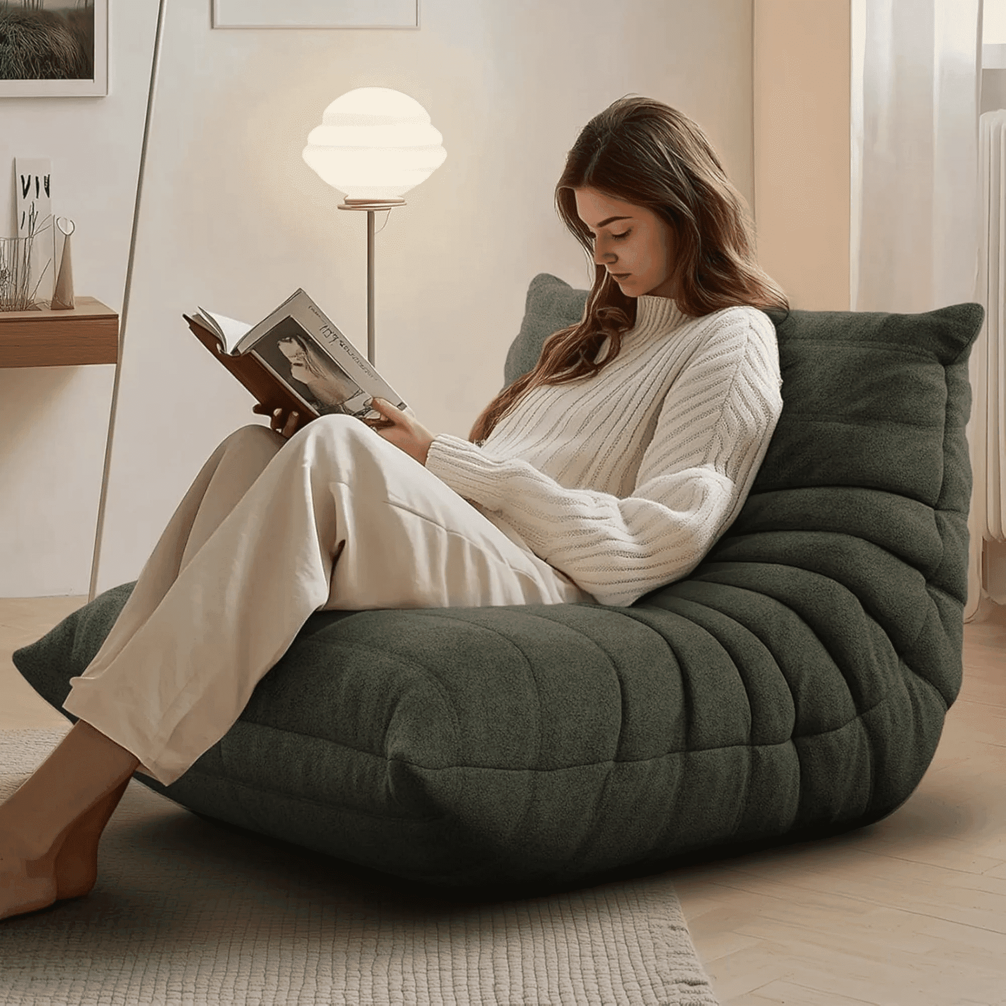 Raffle Pinker Bean Bag Chair for Adults, Comfy Fireside Chair Bean Bag Sofa with Memory Foam, Large Lazy Sofa for Living Room Bedroom Office, Green