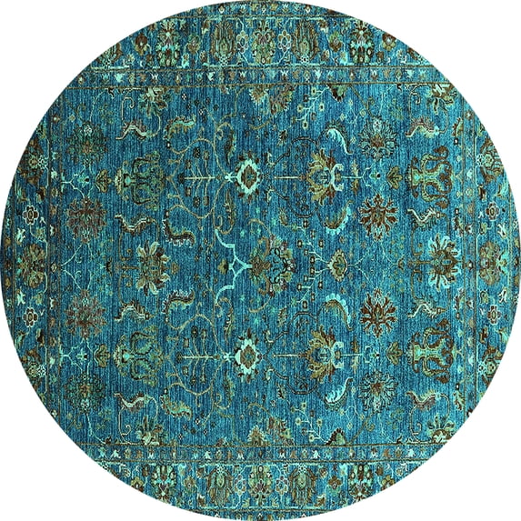 Ahgly Company Machine Washable Indoor Round Oriental Turquoise Blue Traditional Area Rugs, 7' Round