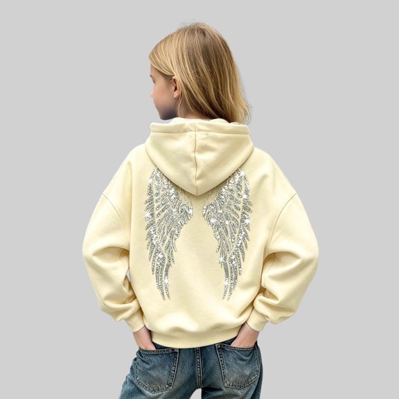 Angala Toddler Girls Hoodie Rhinestone Angel Wings Fall Sweatshirt Sequin Girls Casual Athletic Top Size 3-4 Years Beige