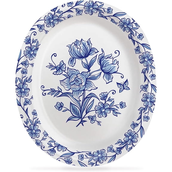 50 Pcs Oval Paper Plates 12 Inch Floral Heavy Duty Blue Large Disposable Dinner Serving Platters for Graduation Patriotic Day Picnic Wedding