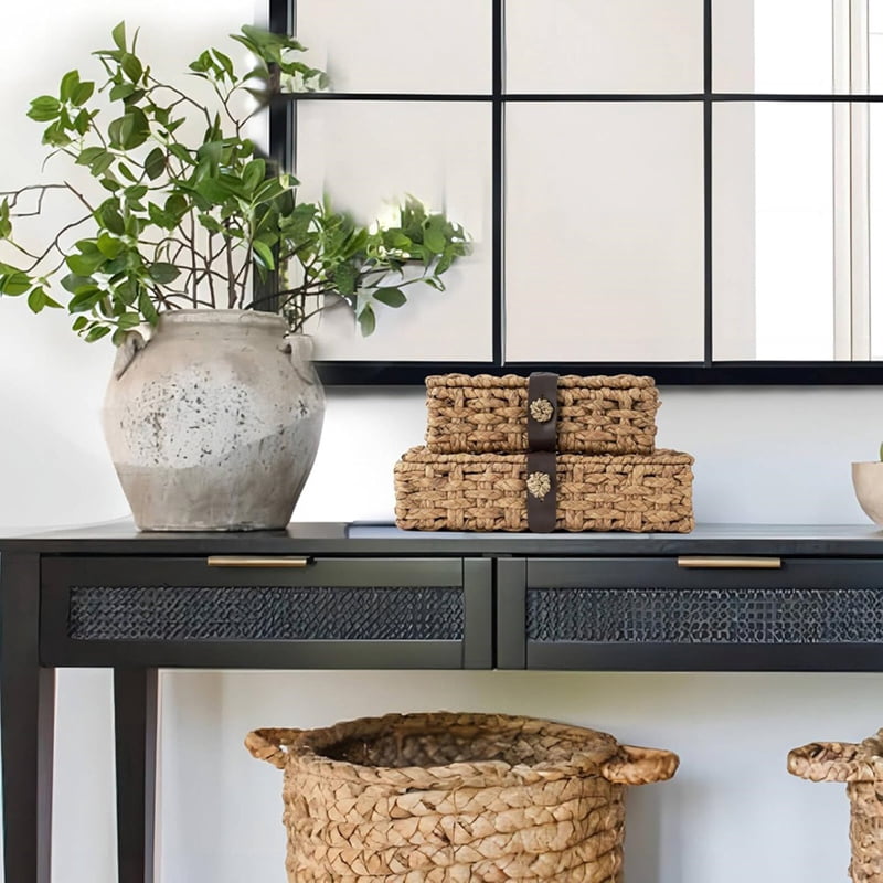 KUNPENG Decorative Storage Box with Lid, Hand-Woven Water Hyacinth Wicker Basket, Natural Seagrass Organizer for Shelf, Coffee Table & Bathroom, Small Boho Decorative Box for Home Organization