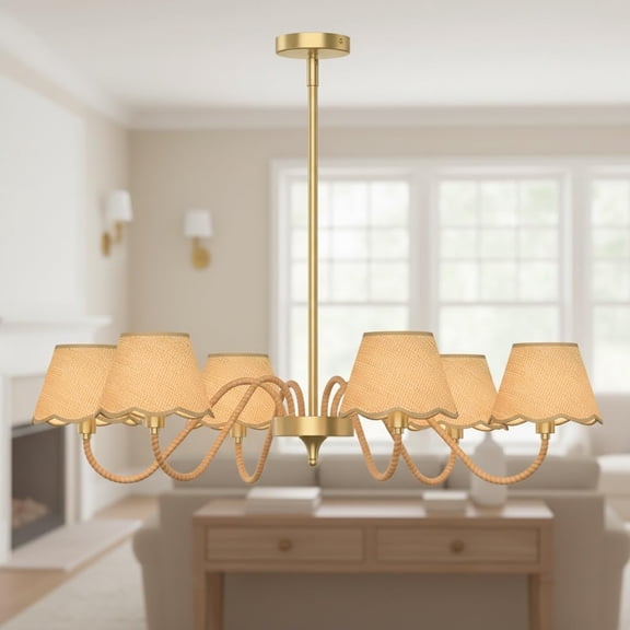 39" Rustic Boho 6-Light Rattan Chandelier Pendant Light Fixture, Large Handmade Natural Rattan Hanging Ceiling Light for Dining Room Kitchen Living Room, E12 Socket