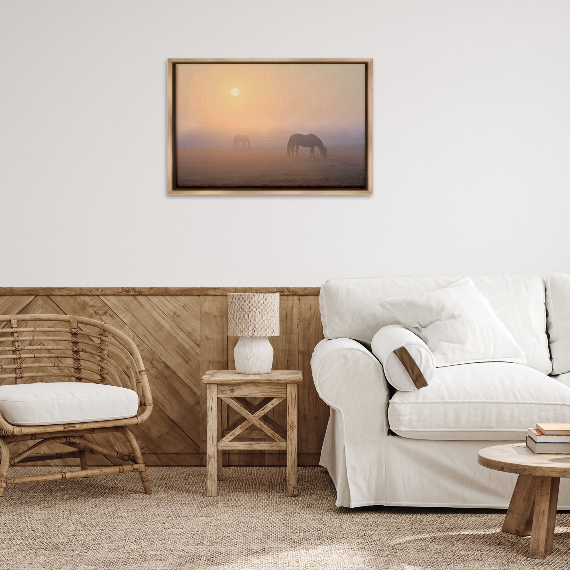 Stupell Industries Misty Sunlit Horses Landscape & Nature Photography Brown Floater Framed Canvas Art Print Wall Art, 31 x 21