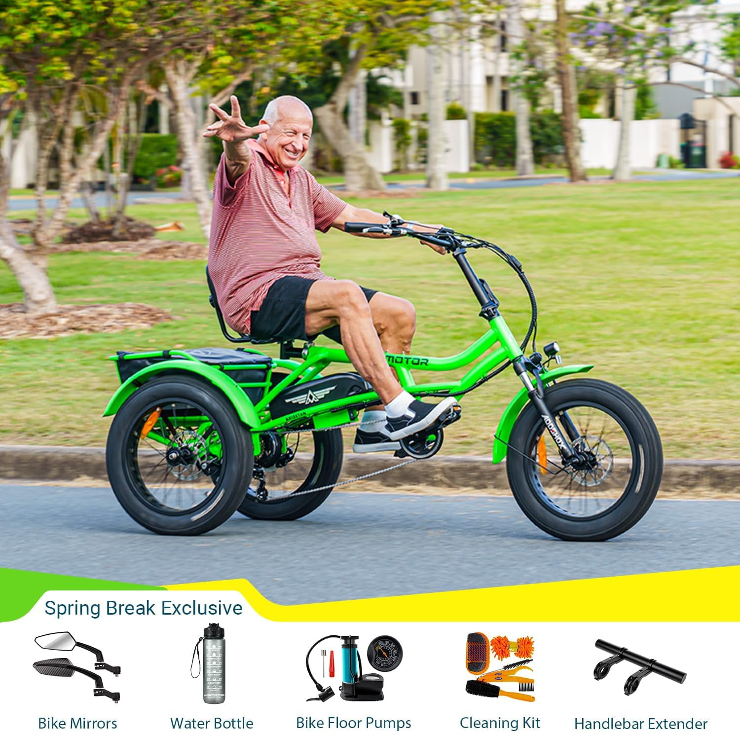 Addmotor M-360II Semi-Recumbent Electric Trike, 85MI, Fat Tire 3 Wheel Electric Bike for Adults, 750W 48V 20Ah Electric Tricycle for Seniors, 20" Electric Trike with Speed Differential, Green