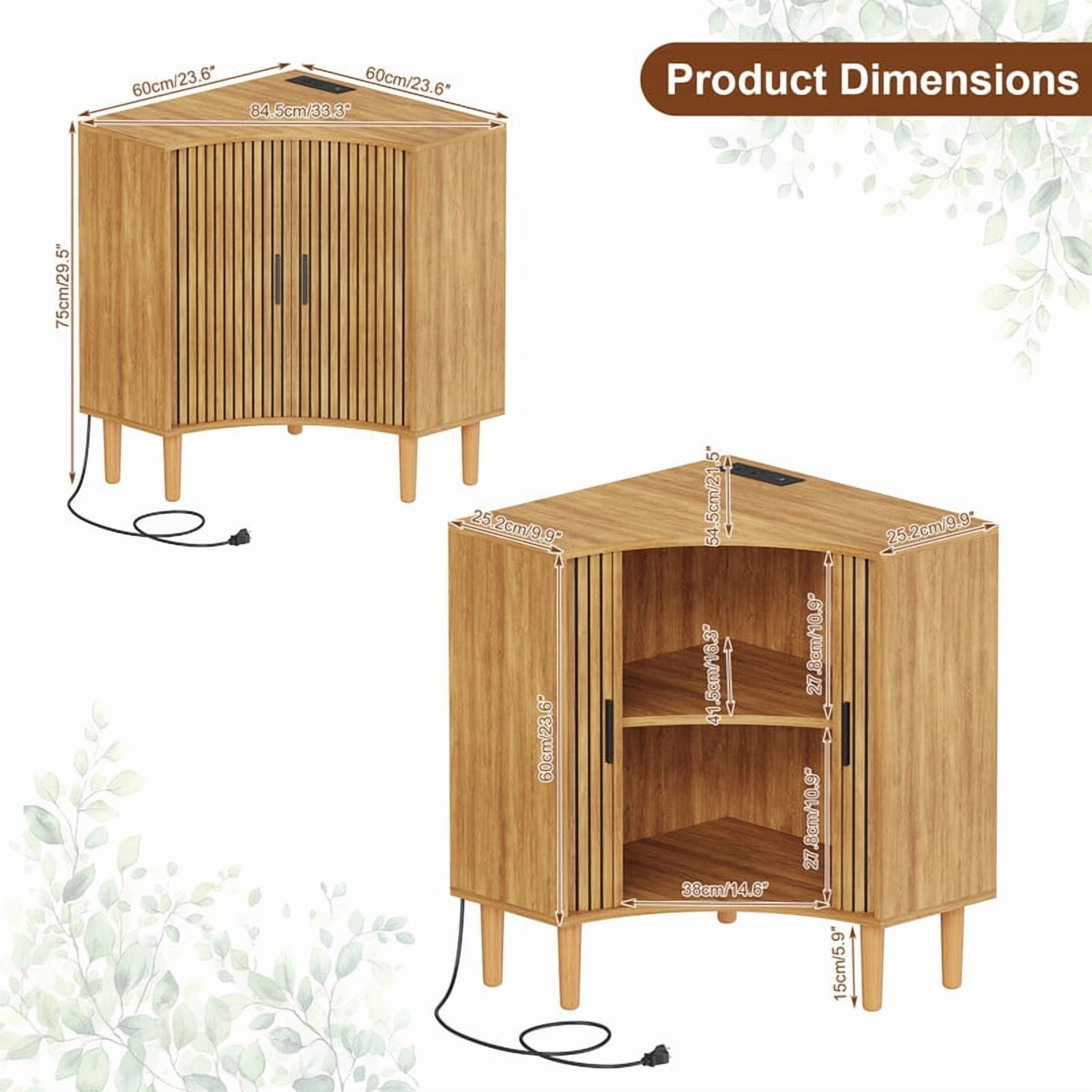 Fluted Corner Cabinet with Charging Station, Small Corner Floor Cabinet with Sliding Doors, Modern Wooden Freestanding Narrow Storage Organizer for Living Room, Small Space,Dining Room, Bathroom