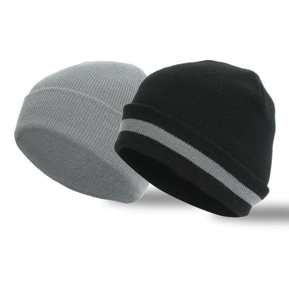 Heat Logic Unisex 2-Pack Stripe Cuff Beanie, Winter Knit Hat for Men and Women (BLACK WITH GREY STRIPE   SOLID GREY)