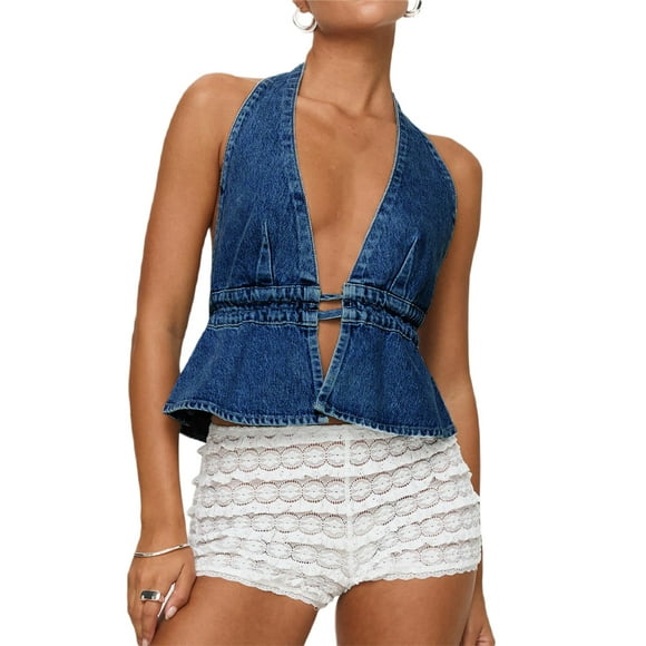 Gupgi Women Halter Denim Vest Deep V Neck Backless Jean Vest Sleeveless Tie Up Slim Fitted Crop Top