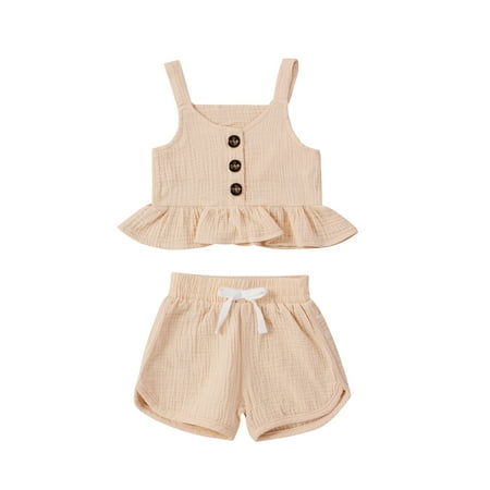 

Utoimkio Toddler Baby Girl Summer Outfits Set Ruffled Strap Crop Tops+Bowknot Cotton Short Pants Summer Clothes Set