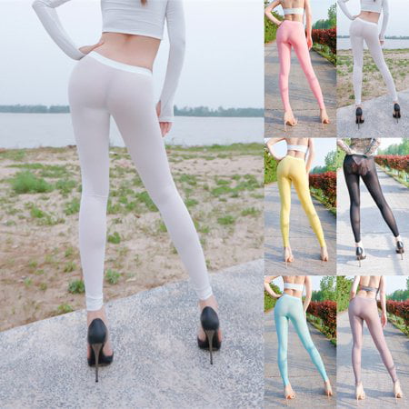 YIWEI Womens Silky See Through Leggings High Elastic Sheer Ultra-Thin  Skinny Trousers White L 