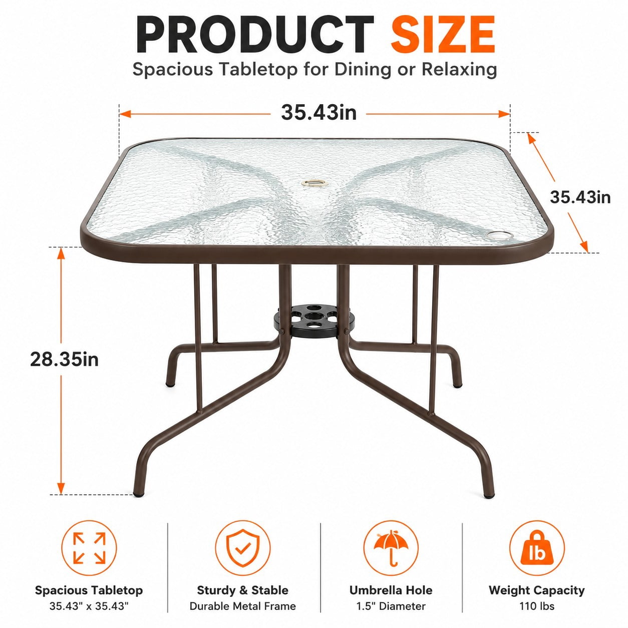 MOONMISS Tangkula 35 Inch Patio Dining Table with Tempered Glass Top with 1.5" Umbrella Hole & Sturdy Metal Frame, Patio Dining Table for Backyard, Lawn, Deck & Poolside