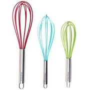 Wired Whisk Silicone Whisk Set of 3 - Stainless Steel & Silicone Kitchen Utensils for Blending, Whisking, Beating & Stirring - (Blue: 12-inch, Red: 10-inch & Green: 8.5-inch)