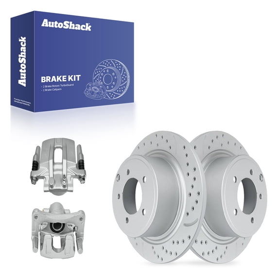 AutoShack Rear Solid Drilled & Slotted Coated Brake Rotors Silver Matte Finish   Calipers 4-PC Brake Kit Replacement for 2007-2017 Jeep Patriot 2007-2017 Jeep Compass TurboGuard 11.85" (301.1 mm)
