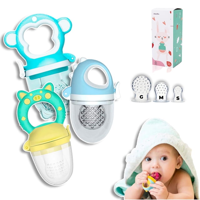 Chupones alimentadores para frutas y papillas con tapa libre de bpa, dibujos animados, 4m+ 3 piezas