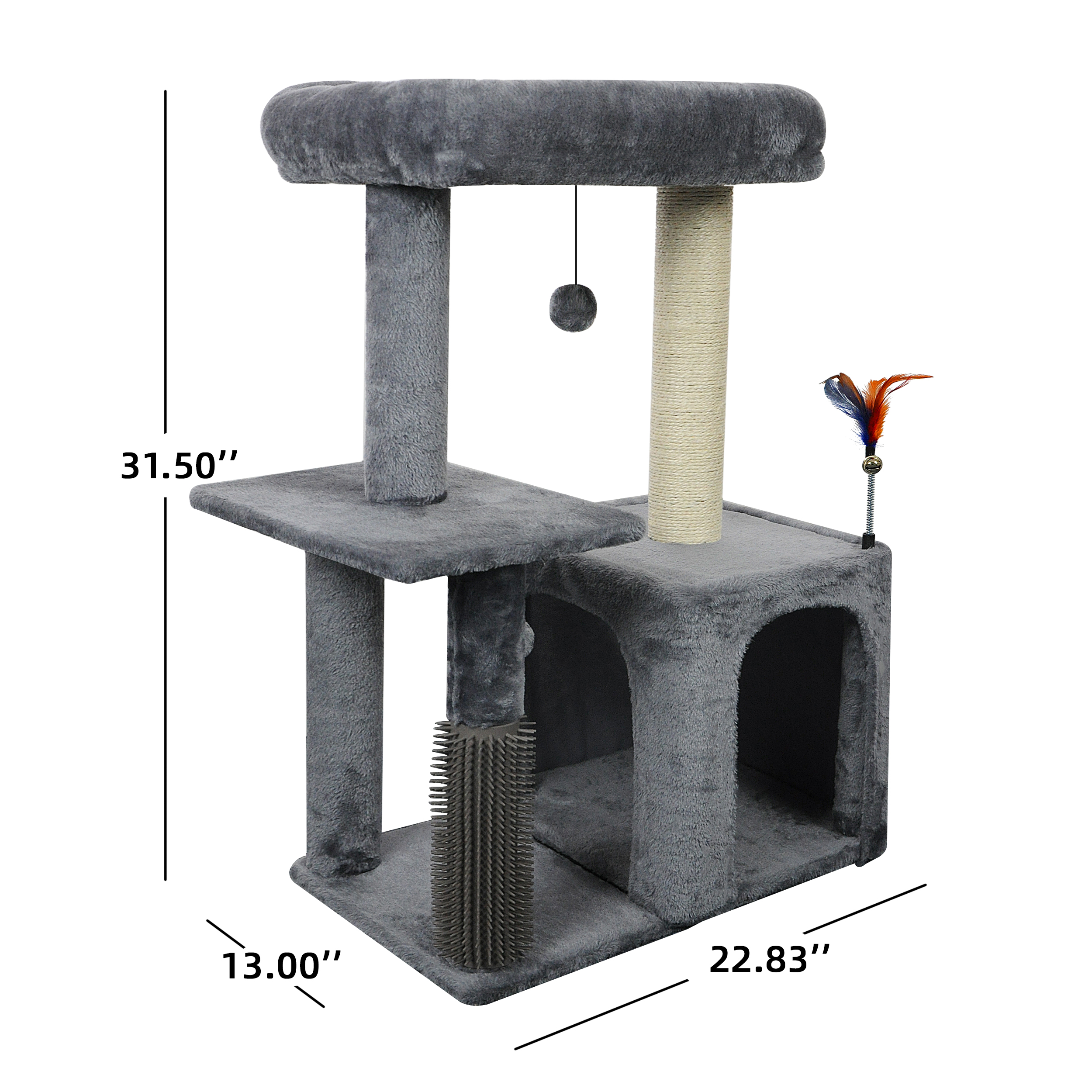 WK 31.50" Cat Tree for Indoor Cats with Cat Condo and Scratching Post,Cute Cat Tower with Self-Grooming Brush and Toy Balls,Grey