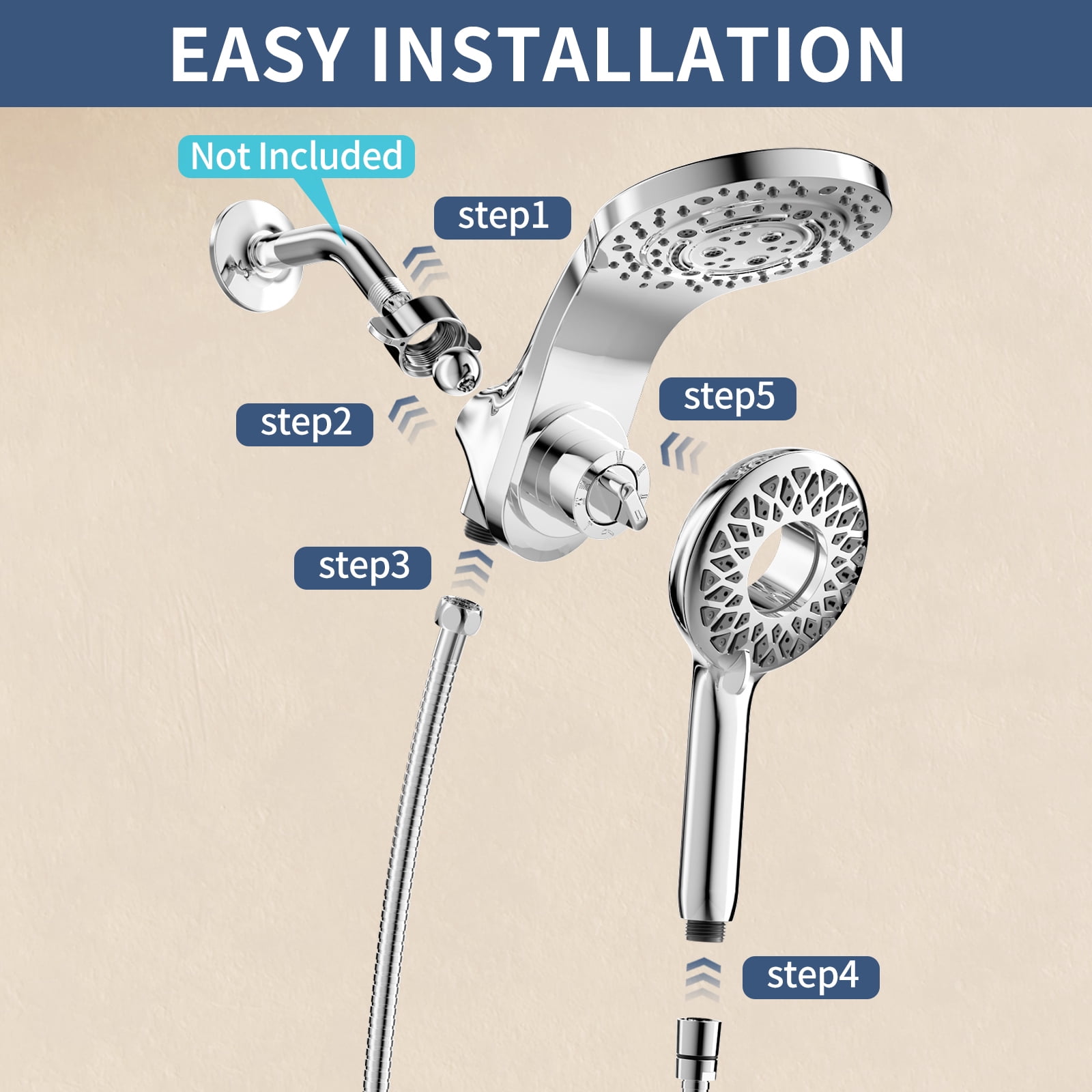 KAIYING Magnetic Rain Shower Head with Handheld Spray, Dual Modes, Waterfall, Chrome