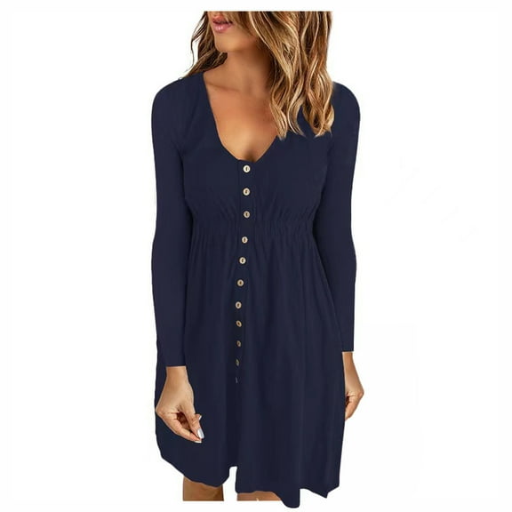 Fesfesfes Women Dress Casual Fall Solid Sexy U-Neck Buttons Long Sleeve Waist Dress Clothes Sale