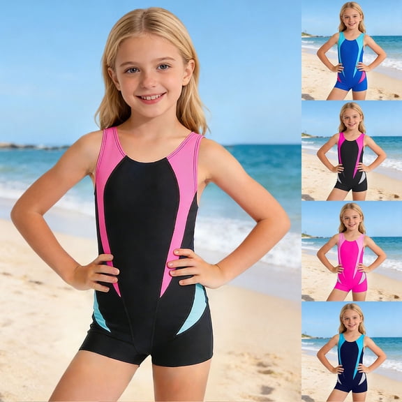 Tisuna Girls One Piece Color Block Swimsuit Youth Athletic Bathing For Teen Girls Summer Beach Pool Surfing Swimwear Size 9-10 Years Black