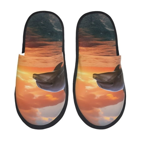 Balery Sunset Dancing Dolphin B Slient Indoor Furry Fleece Comfort House Shoes Soft Non-Slip Home Shoes Cotton slippers House Slippers-- Large