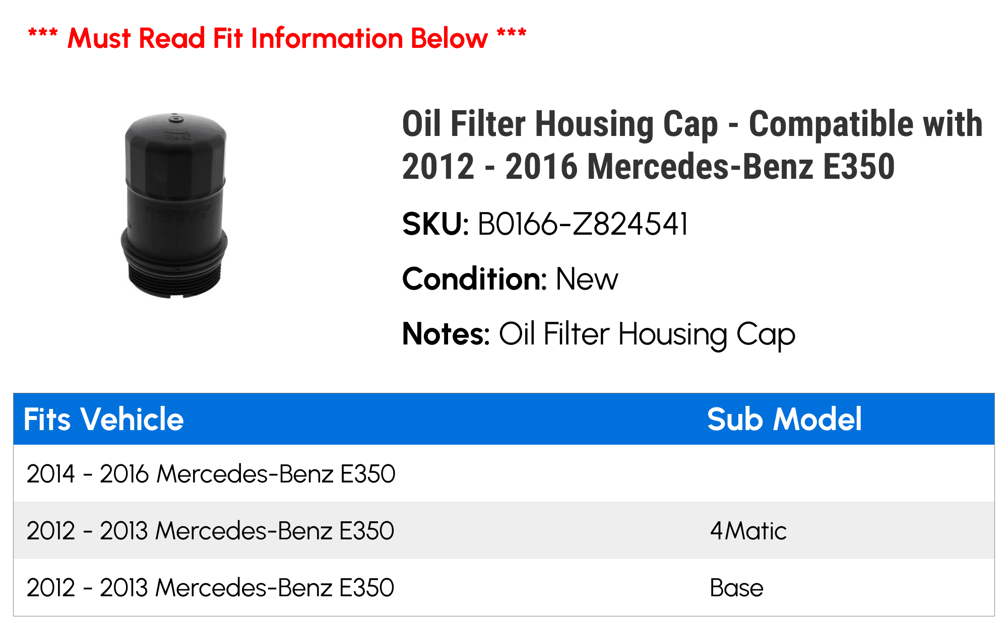 Oil Filter Housing Cap - Compatible with 2012 - 2016 Mercedes-Benz E350 2013 2014 2015