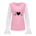 thumbnail image 4 of Mujer Casual Día de San Valentín electrocardiograma impreso cuello en V encaje empalme manga larga pulóver blusa camiseta Tops Fridja  hkj4220, 4 of 5