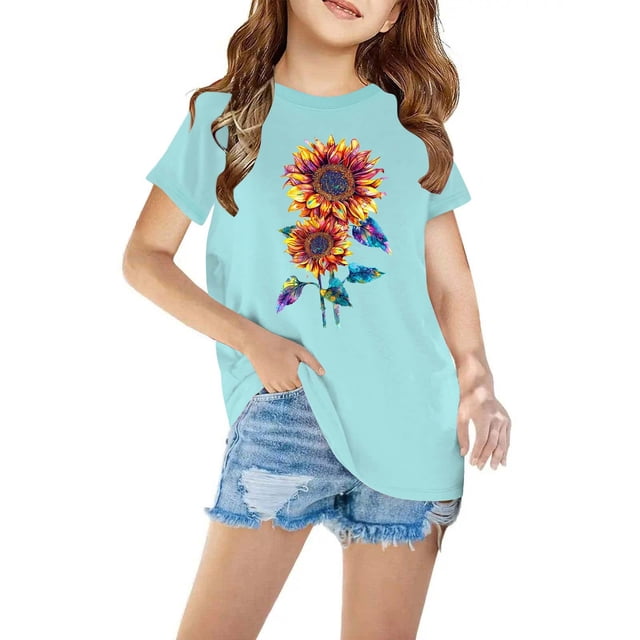 Shorts pour Filles, Robe à Manches Courtes, T-Shirt en Coton pour Enfants Garçons Filles Mode Mignon Col Rond Imprimé Tee Manches Courtes