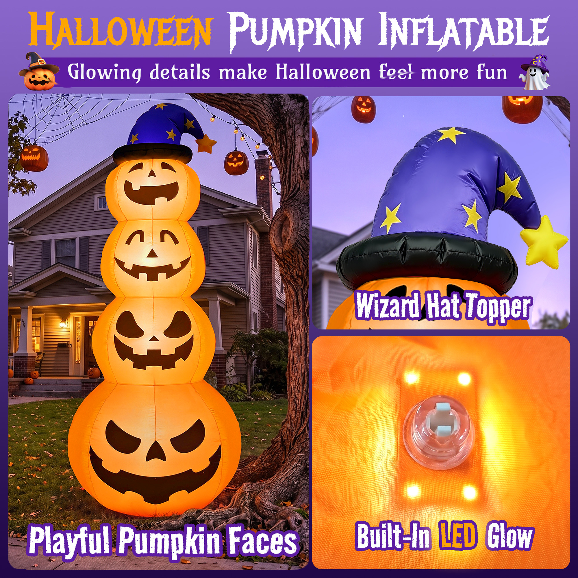 Qunler 8 Ft Halloween Pumpkin Stack Inflatable with Witch Hat photo 3