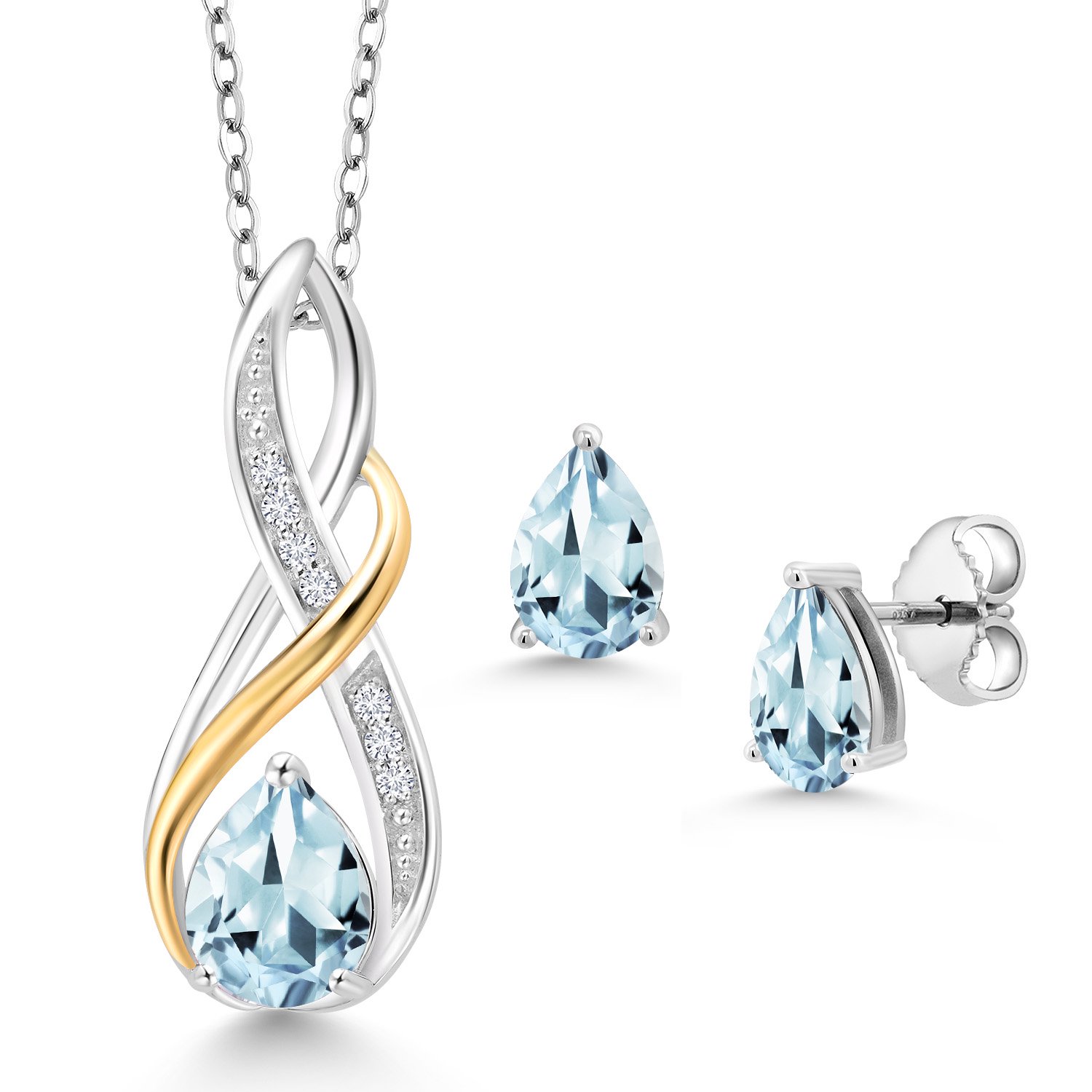 925 Sterling Silver and 10K Yellow Gold Pear Shape Sky Blue Aquamarine and White Lab Grown Diamond Pendant and Earrings Jewelry Set for Women (2.24 Cttw, Gemstone March Birthstone, with 18 inch Chain)