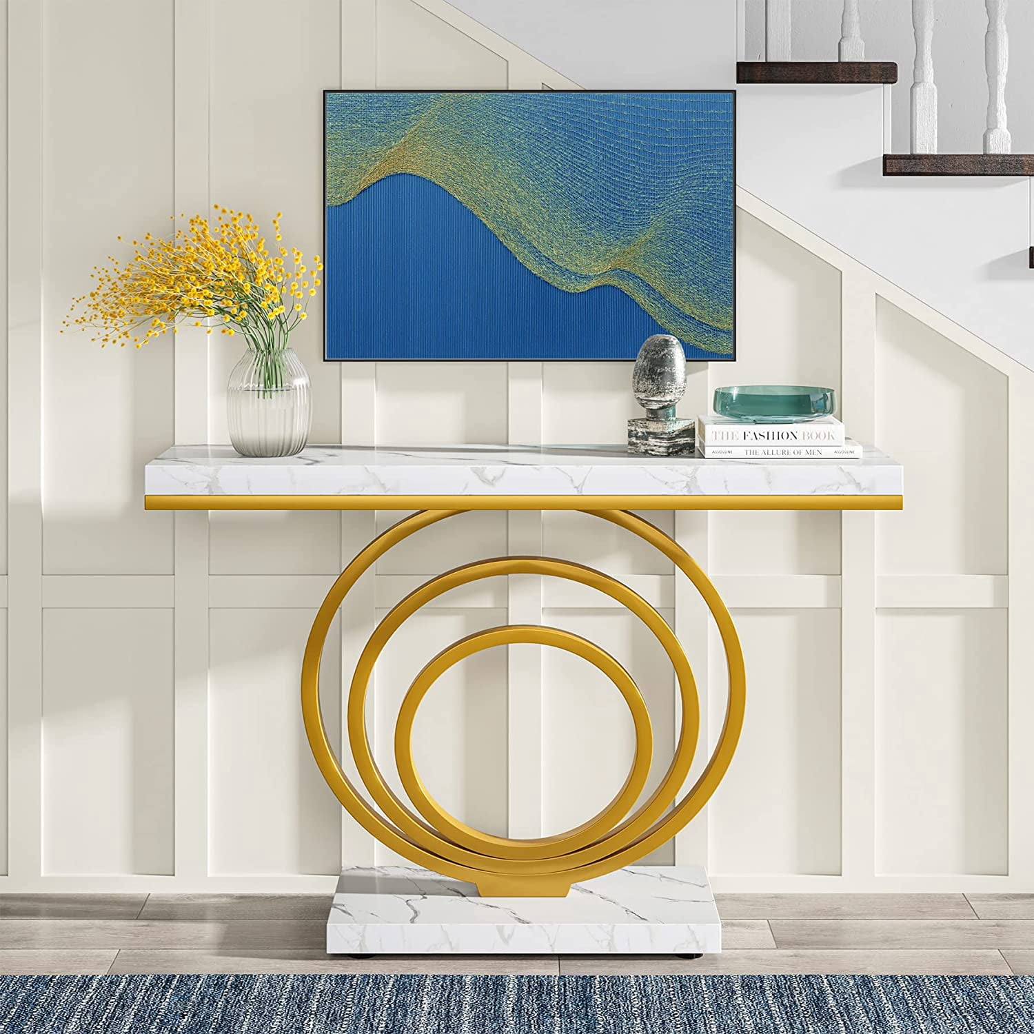 Tribesigns 41 Inch White Console Table with Gold Ring Base, Modern Entryway Sofa Table Narrow Long, Geometric Contemporary Accent Table for Living Room, Entryway, Hallway, Entrance, Faux Marble White
