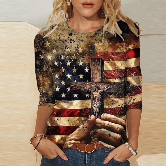 Cavosen USA Flag Shirts for Women Patriotic 3/4 Sleeve Round Neck Shirts American Flag Print Shirts Lady XL Independence Day Casual Tops Funny 4th of July Tunic Tees 2025 Patriotic Blouses