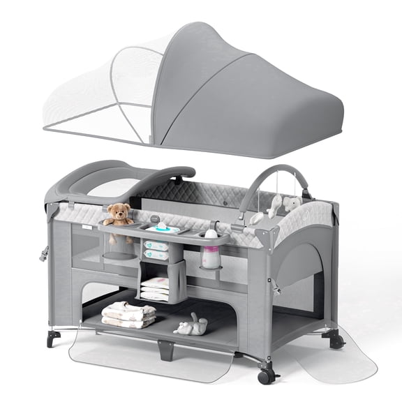 Babyomi 4 in 1  Pack and Play Baby Bassinet with Diaper Changer, Long Next to Bed Crib with Mattress,Height Adjustable,Bedside Crib Sleeper, Gray