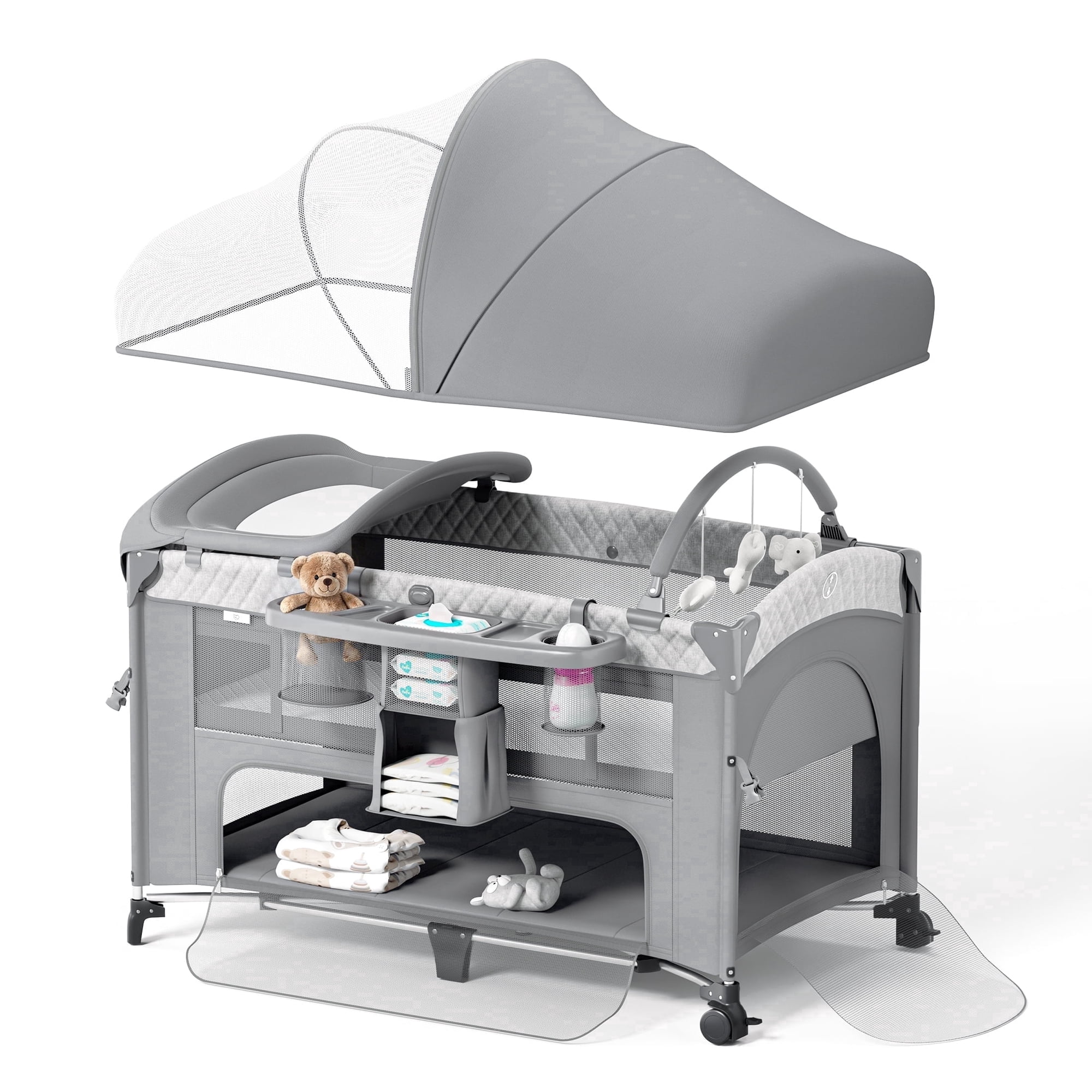 Babyomi 4 in 1 Pack and Play Baby Bassinet with Diaper Changer, Long Next to Bed Crib with Mattress,Height Adjustable,Bedside Crib Sleeper, Gray