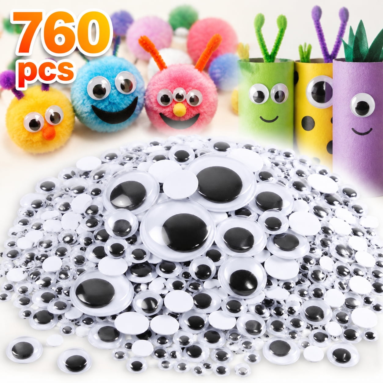 Deally 760pcs Black Wiggle Googly Eyes Self Adhesive, 5mm 8mm 10mm 15mm 18mm 20mm 25mm Large and Small Googly Eyes for Crafts