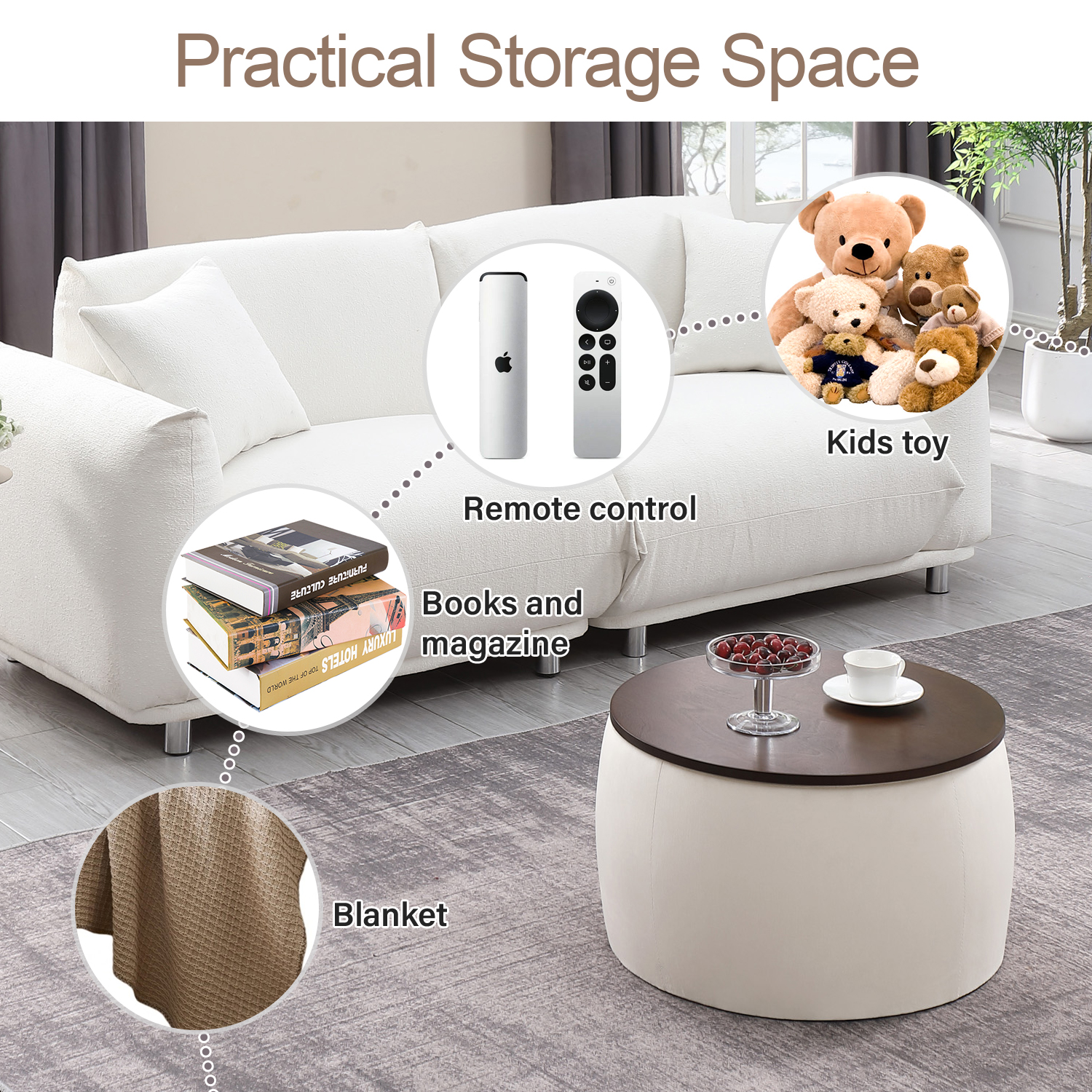 2 in 1 Storage Ottoman with Tray, Round Ottoman Coffee Table with Foot Rest, Cube Organizer, End Table for Living Room, LJ422 - image 5 of 6