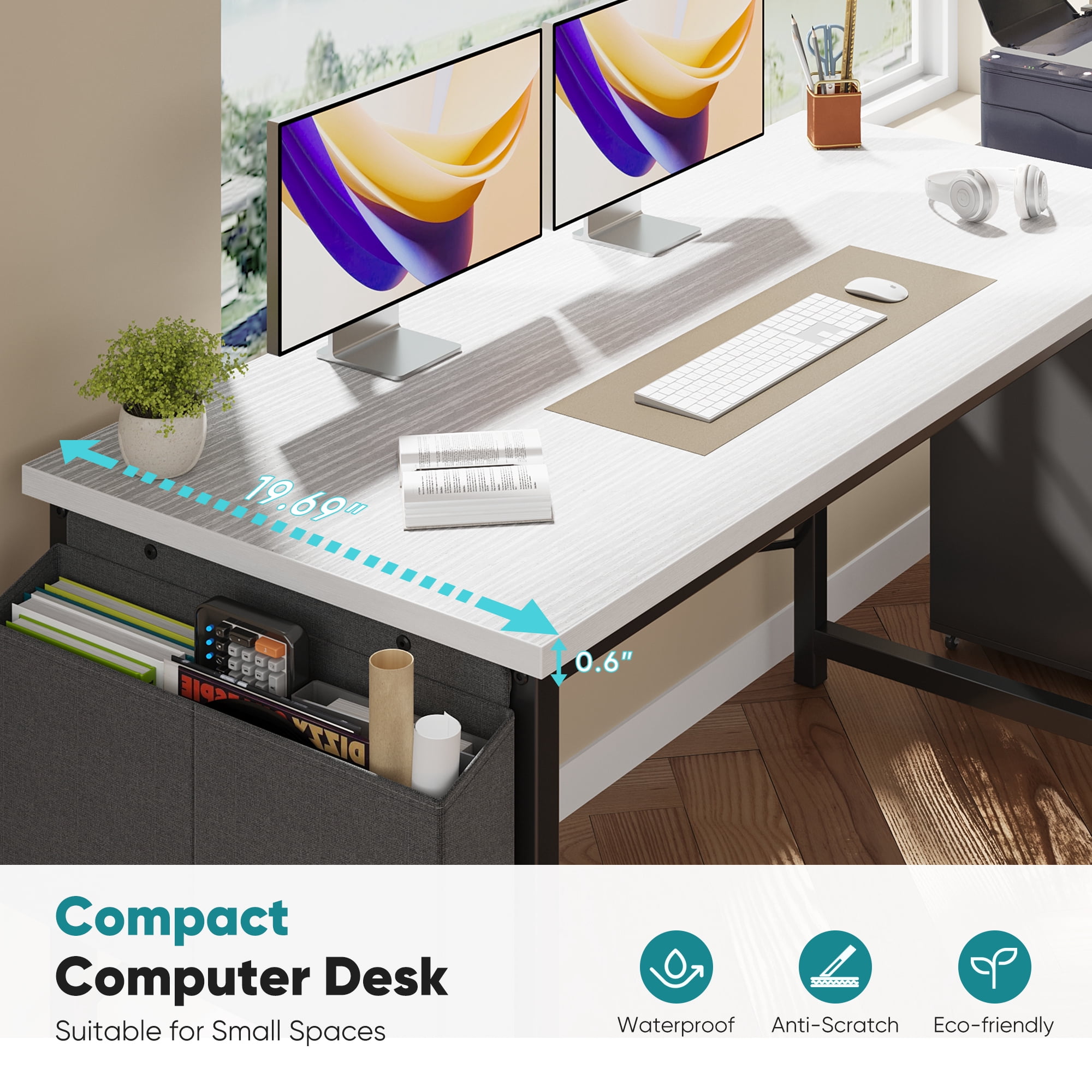Gianna 63" Computer Desk with Metal Frame, Waterproof Surface and Storage Bag – Perfect for Office Use, White